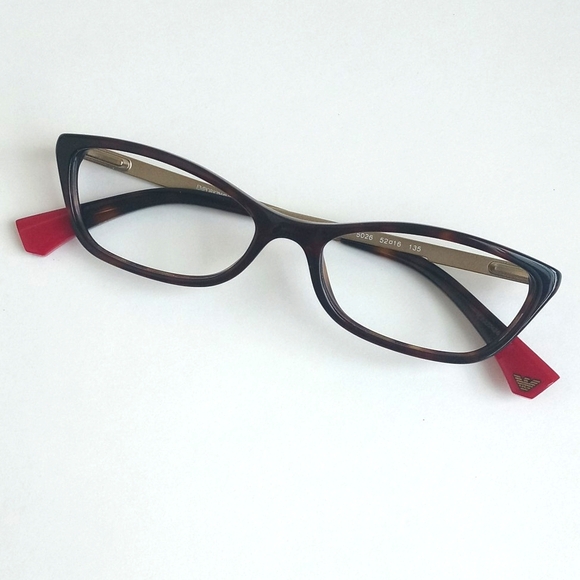 Emporio Armani Tortoise Shell Brown Trim Eye Glass Cat Frames Brass & Red Tips - Picture 15 of 16